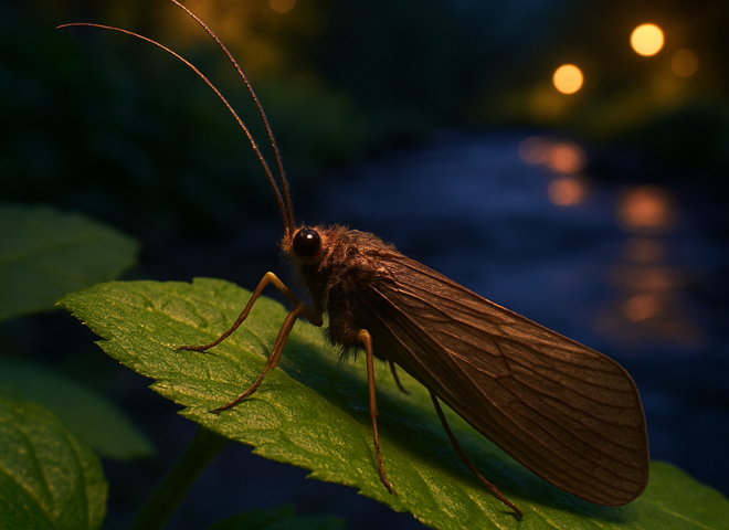 Adult caddisfly perched on a green leaf beside a freshwater stream at twilight.