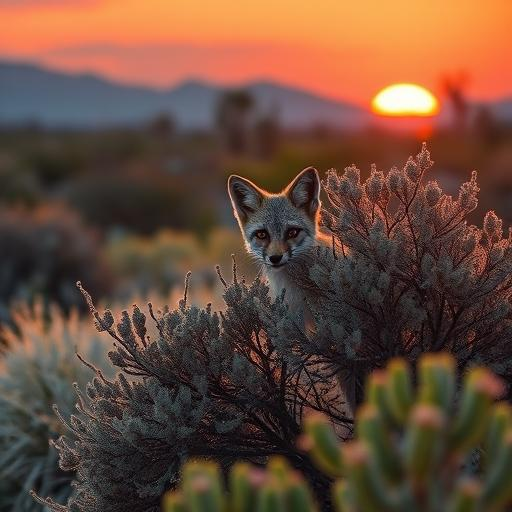 Gray Fox emerging from a bush in Arizona’s twilight desert