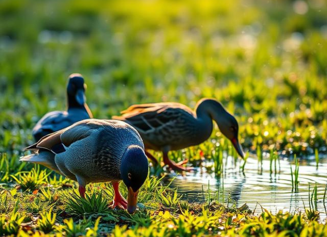 American Wigeons grazing on land and dabbling in water near coots.