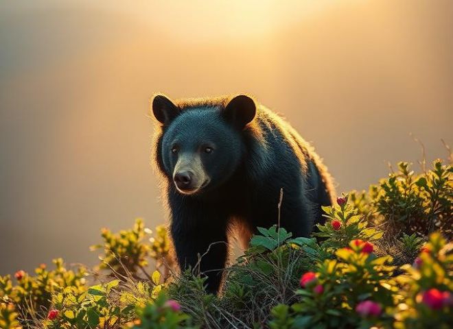 Black bear foraging for food in Arizona forest.