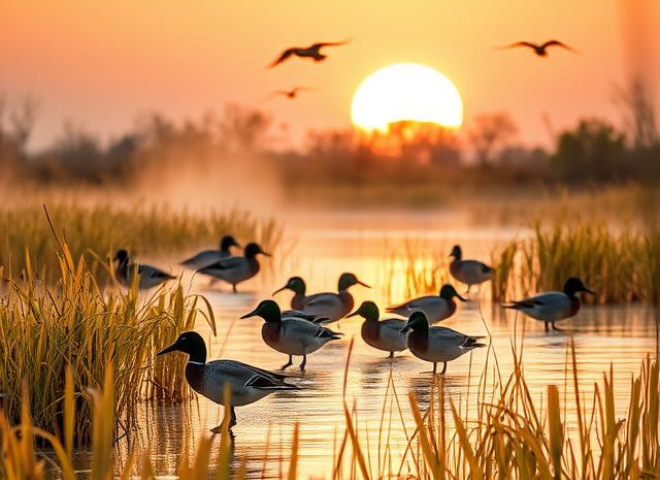 American Wigeons swimming through a golden Arizona wetland at sunrise with birds flying overhead.