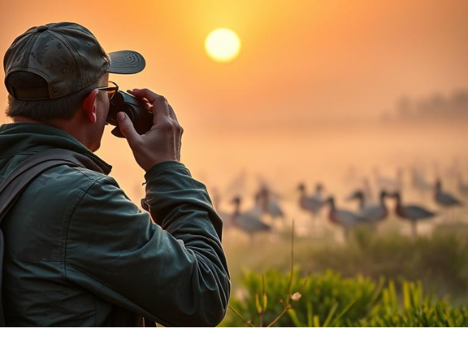 Birdwatcher spotting American Wigeons in Arizona at sunrise.