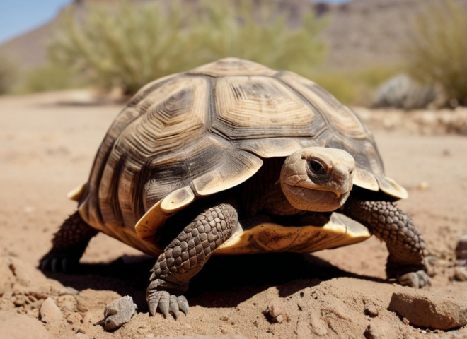 Adaptations of the desert tortoise including strong legs and tough shell.