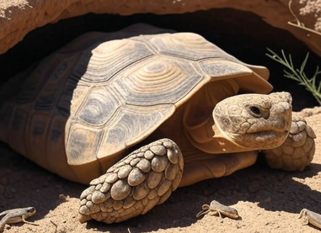 Desert tortoise providing shelter to other desert species.