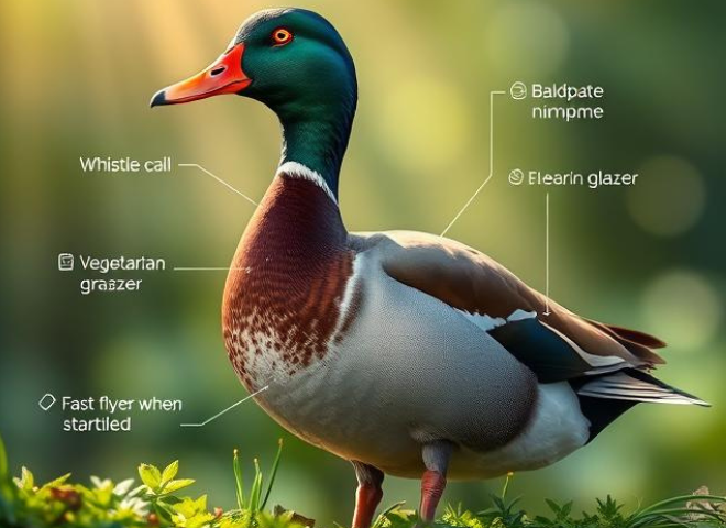 Fun facts infographic about American Wigeons featuring their call, nickname, and behaviour.