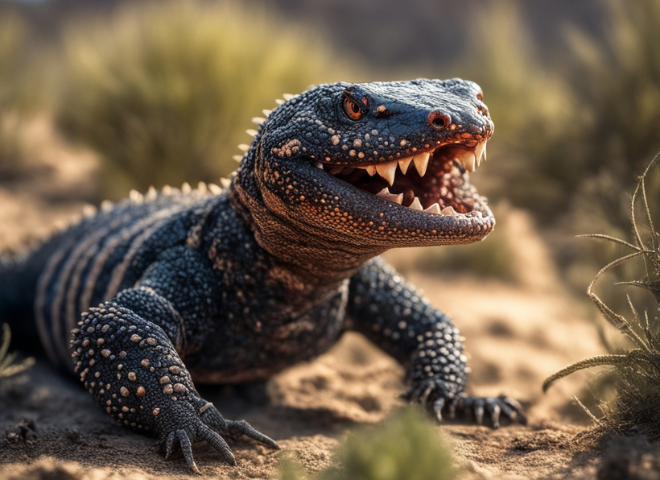 Gila monster showing defensive behavior with open mouth.