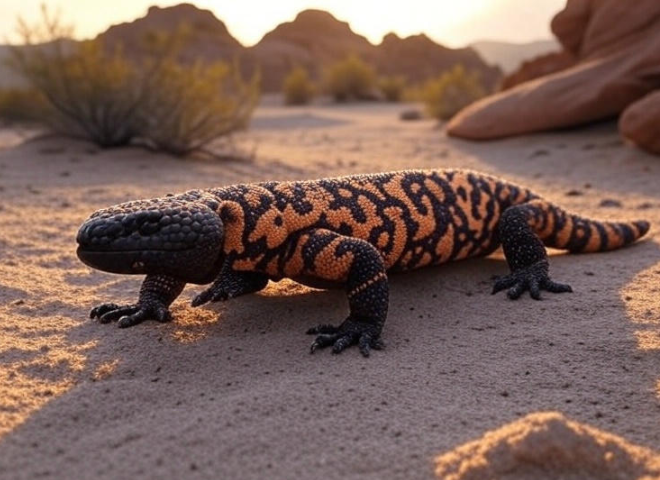 Gila monster in its natural desert habitat among rocks and shrubs.