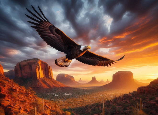 Golden Eagle soaring over Arizona desert at sunrise, symbolizing power and freedom.