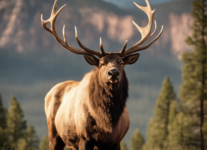 Giant elk with wide antlers in Coconino National Forest Arizona.