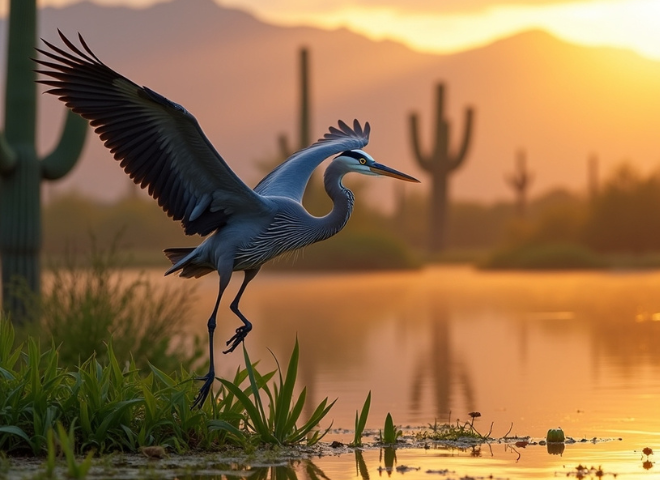A Great Blue Heron soaring over an Arizona wetland at sunrise with mountains in the distance.