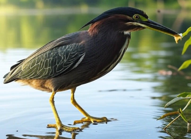 Green Heron using a twig as bait while hunting in Arizona