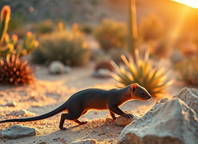Long-tailed weasel perched on rock in Arizona desert scrubland with cactus in background.