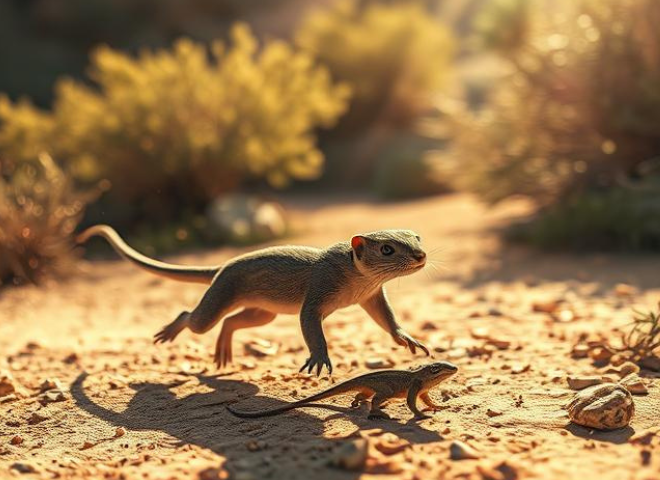 Fast-moving Long-tailed Weasel chasing prey across desert ground in Arizona.