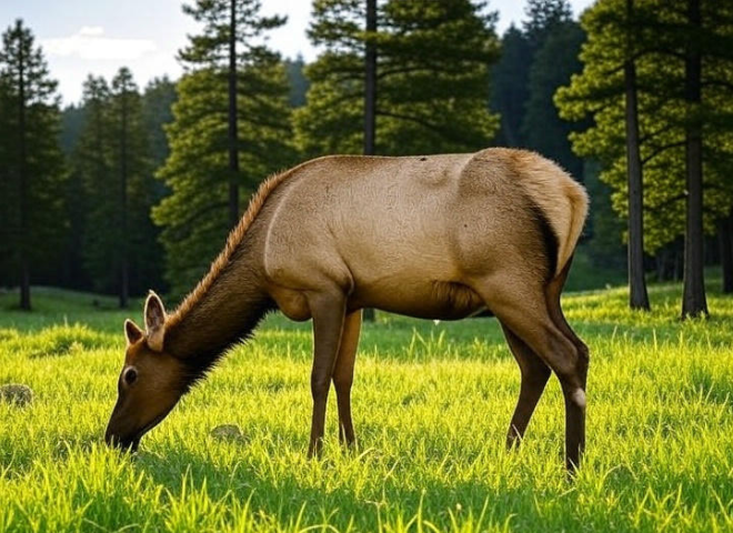 Elk grazing in Arizona mountain forest landscape