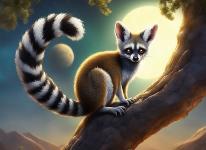 Ringtail climbing tree at night using its tail for balance.