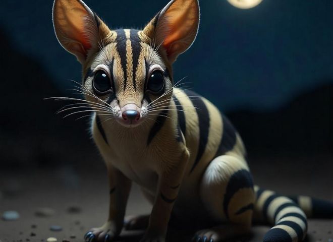 Close-up of Arizona ringtail showing large eyes and striped tail.
