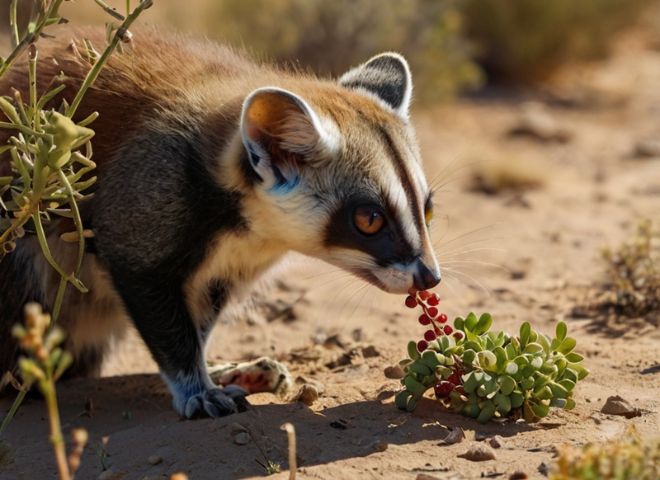 Ringtail eating berries and insect in Arizona desert.