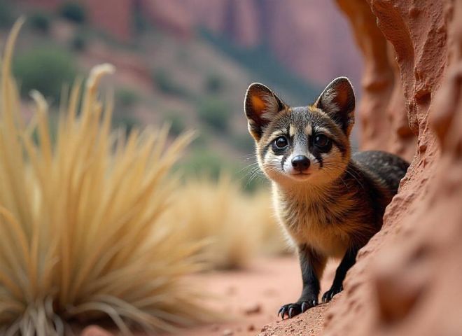 Ringtail hiding in rocky crevice near Arizona canyon.