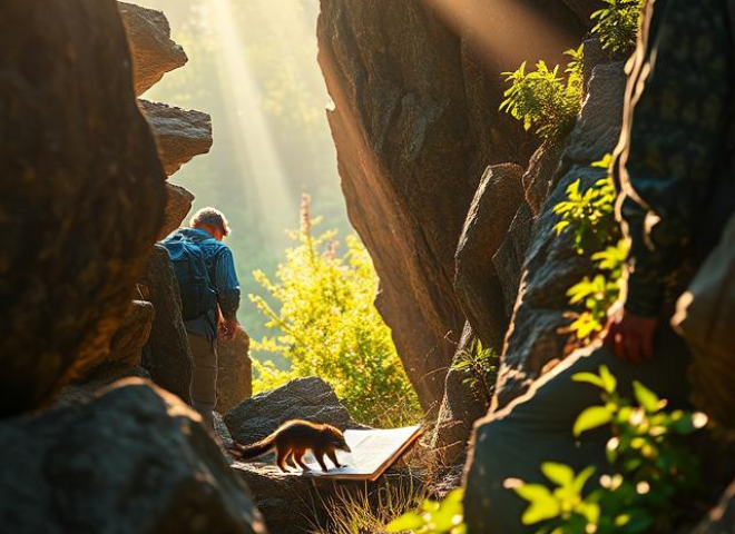 Hiker observing a Long-tailed Weasel in Arizona’s rocky terrain.