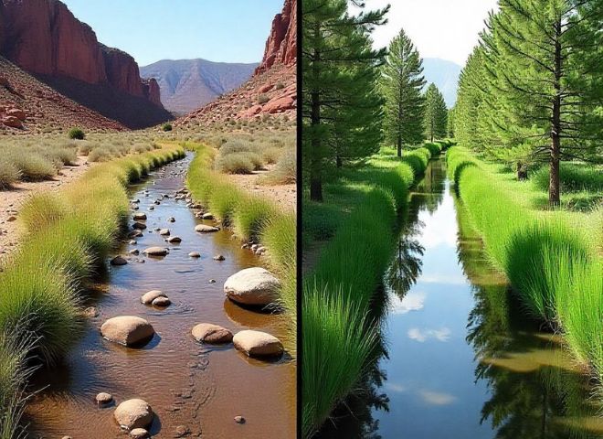 Arizona desert transformed by beavers into a lush wetland.