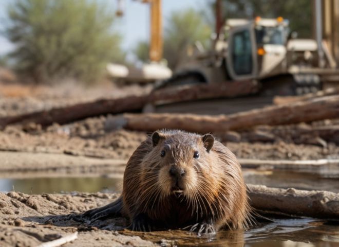 Beaver near polluted water and construction site in Arizona.