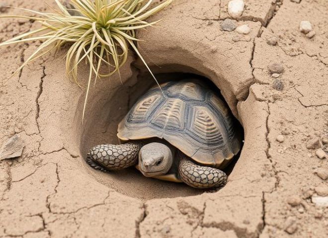 Desert Tortoise emerging from burrow in Arizona desert.