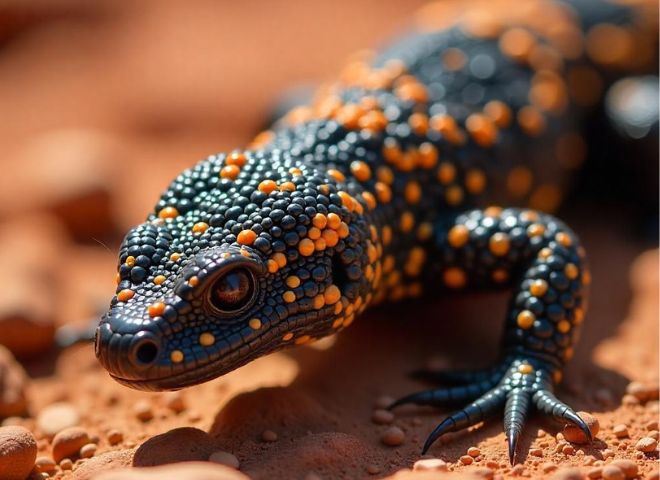 Arizona's Gila Monster with black and orange skin on Arizona desert rocks.