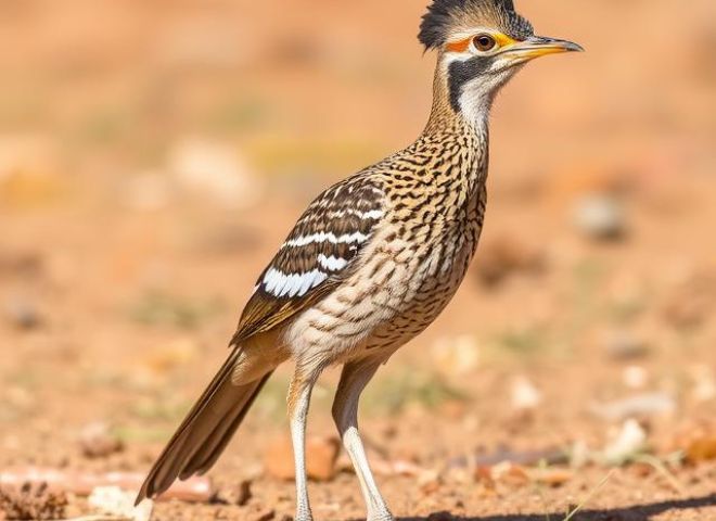 : Greater Roadrunner running in desert with lizard in beak.