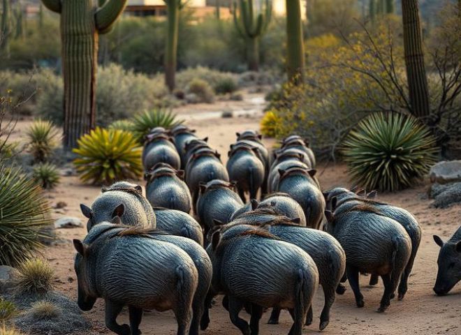 Herd of Javelinas walking through Arizona desert wash.